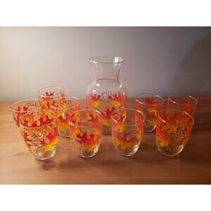 60's Federal Glass Handi-Serv Juice Carafe Pitcher & 9 Juice Glasses Fall Leaves